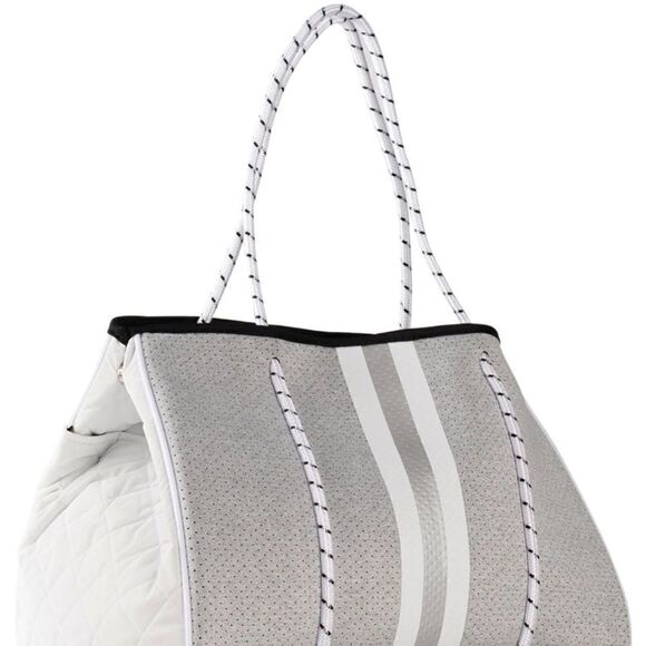White and Gray Tote Bag - Neoprene Washable Tote with Pouch - BRAND NEW - Picture 1 of 10